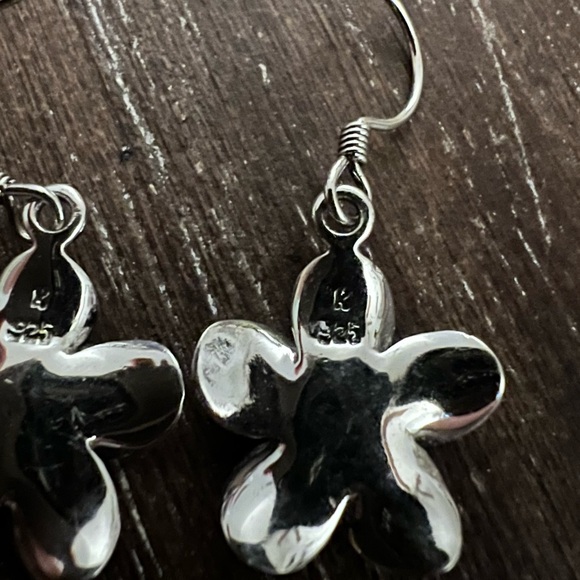 Plumeria CZ Sterling Silver Floral Dangle Drop Earrings. - Picture 4 of 8